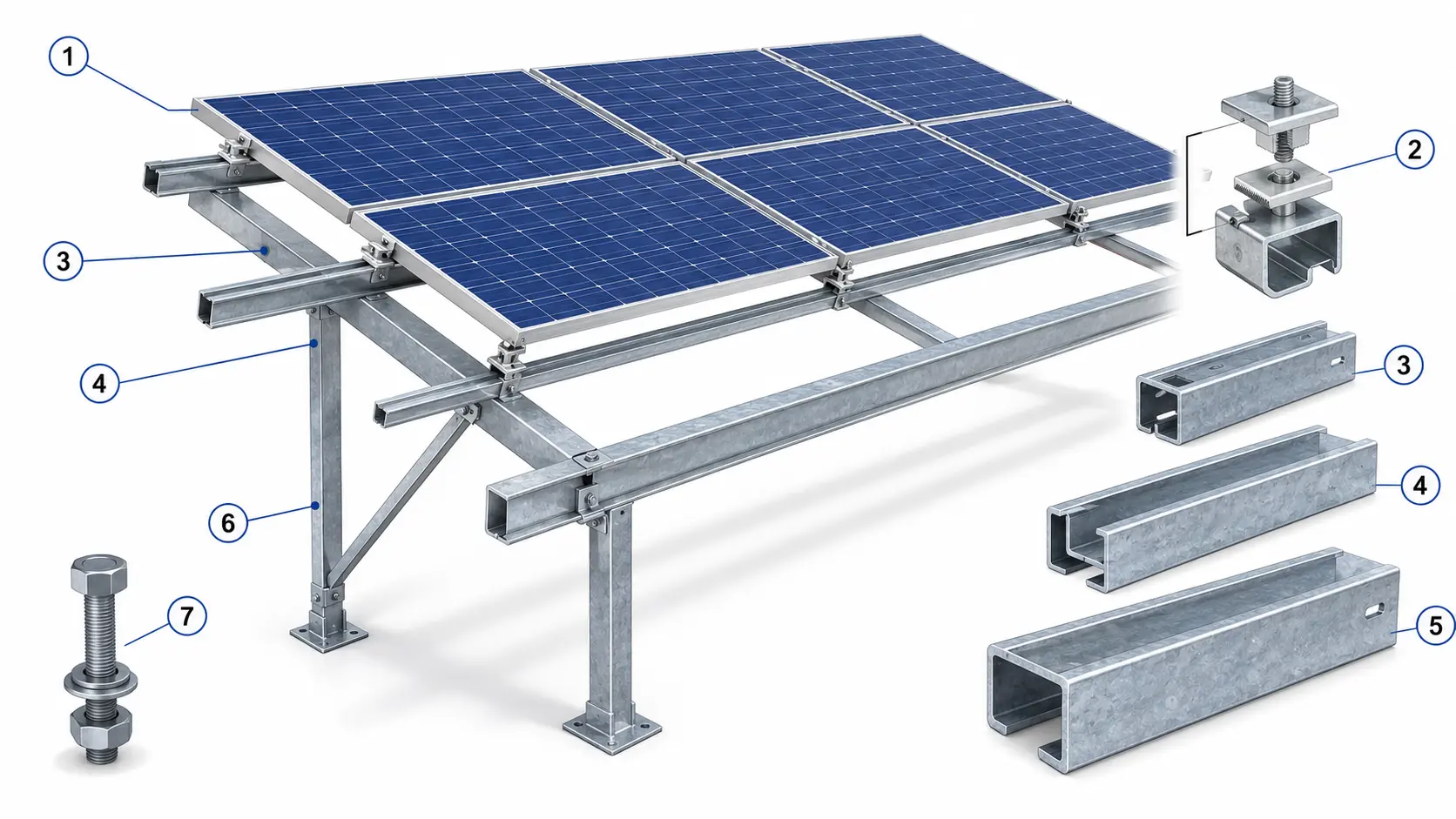 C-channel solar structure components and connections