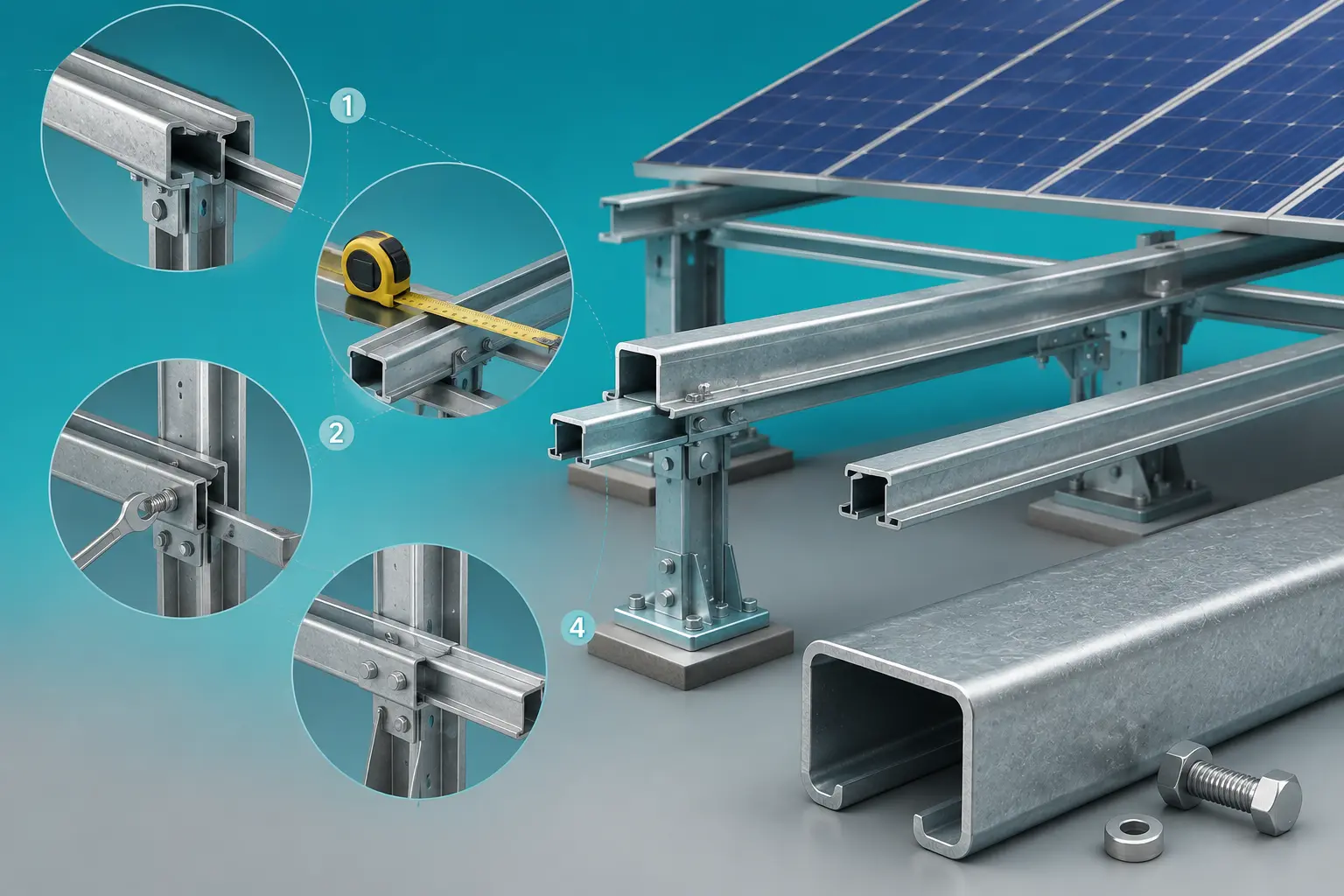C Channel solar structure installation using steel support sections