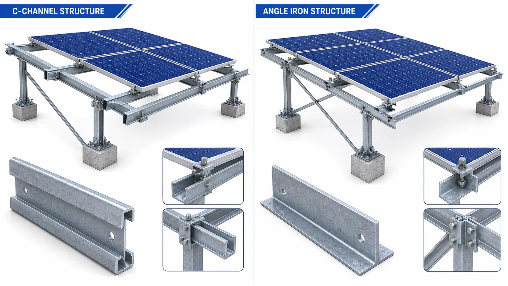 C-channel and angle iron solar mounting structures