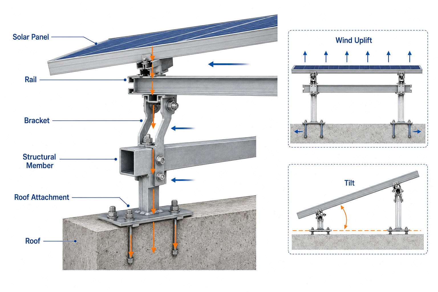 Diagram showing rooftop solar mounting structure components and load transfer