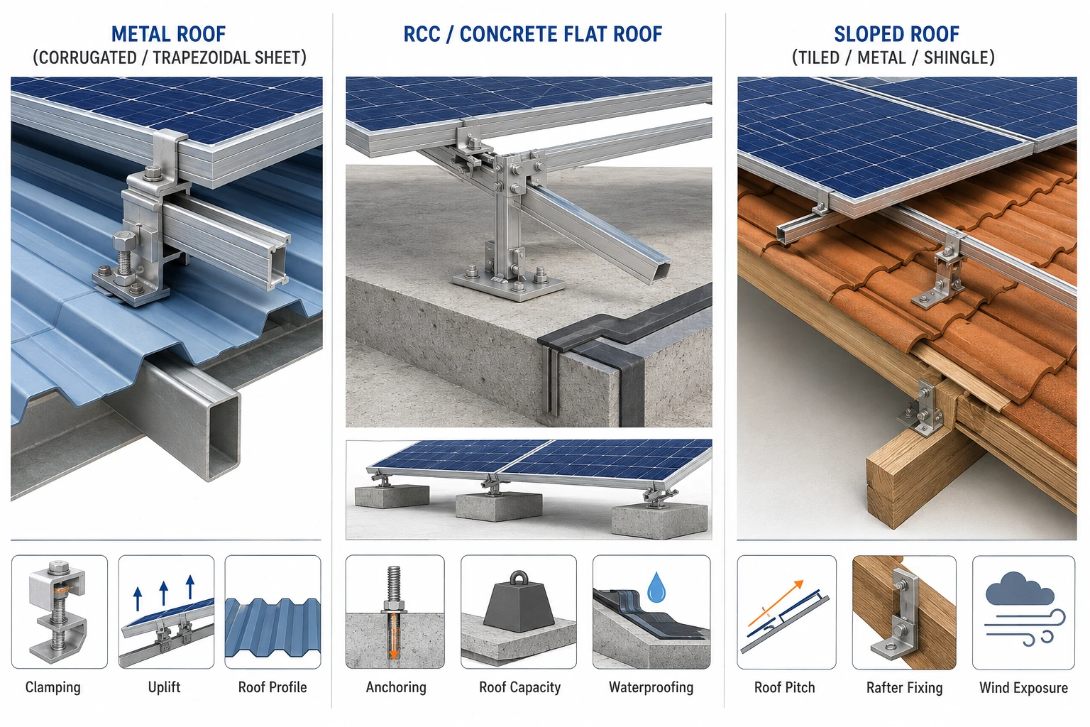 Comparison of solar mounting structures for metal, RCC and sloped roofs
