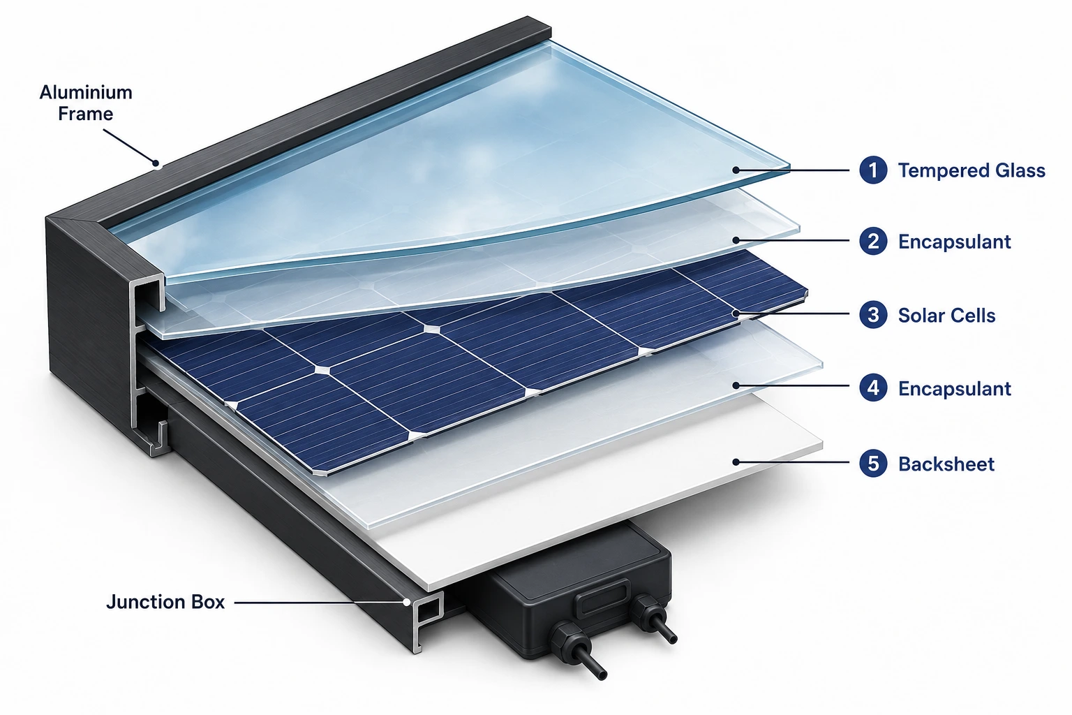 iagram showing the structure of a solar panel - tempered glass, EVA encapsulant, solar cells and aluminium frame