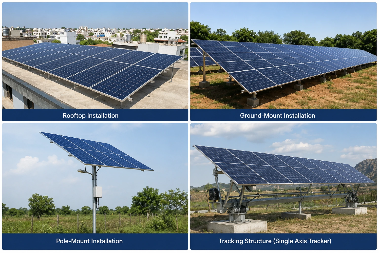 Types of mounting structures for solar panels - rooftop, ground-mount, pole-mount and tracking compared