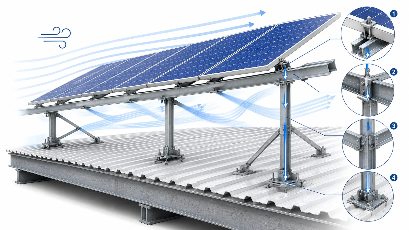 Wind load and force path in C-channel solar structure