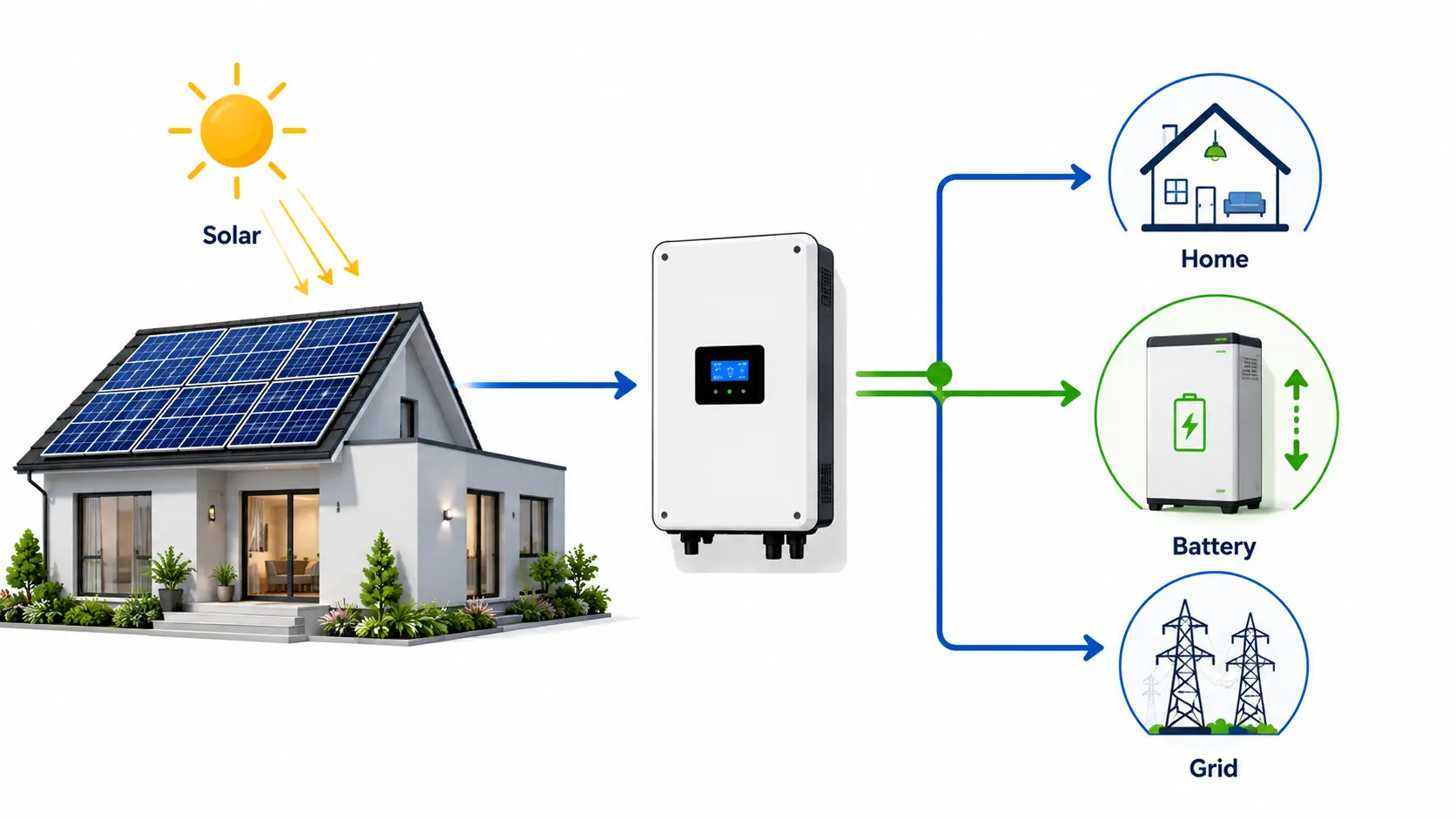 Excess solar energy flowing to home loads, battery storage or utility grid