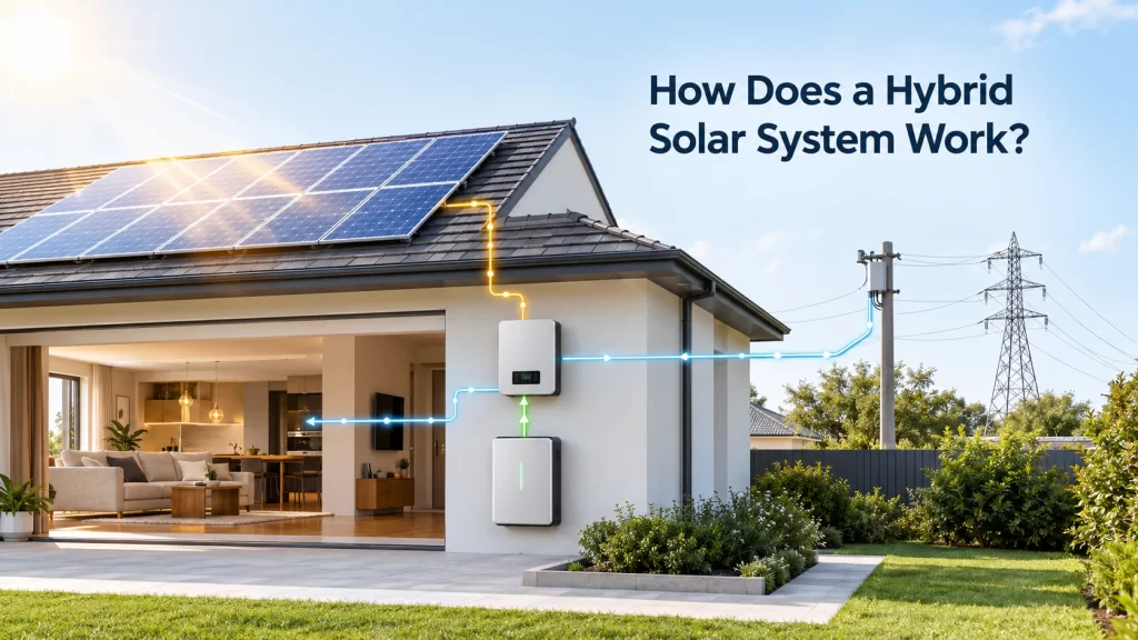 Hybrid solar system with solar panels battery and grid connection
