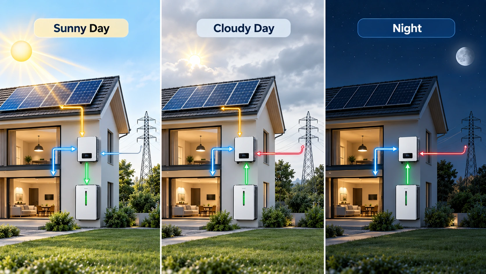 Hybrid solar system operation during sunny cloudy and nighttime conditions