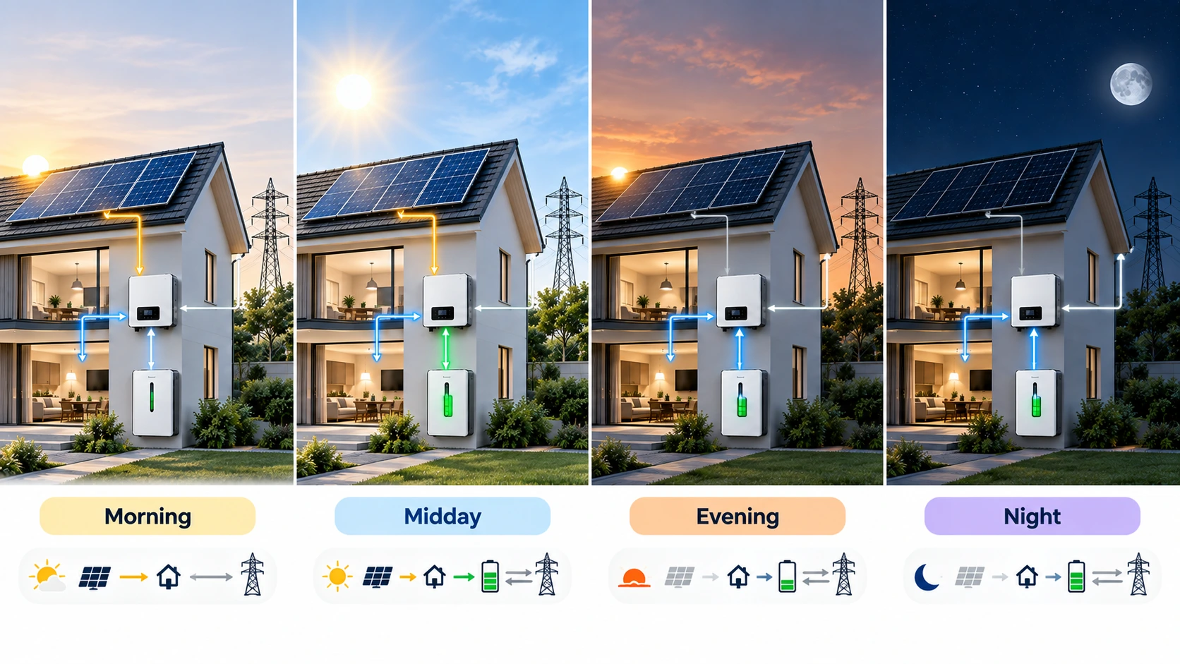 Hybrid solar system for a home showing energy use from morning to night
