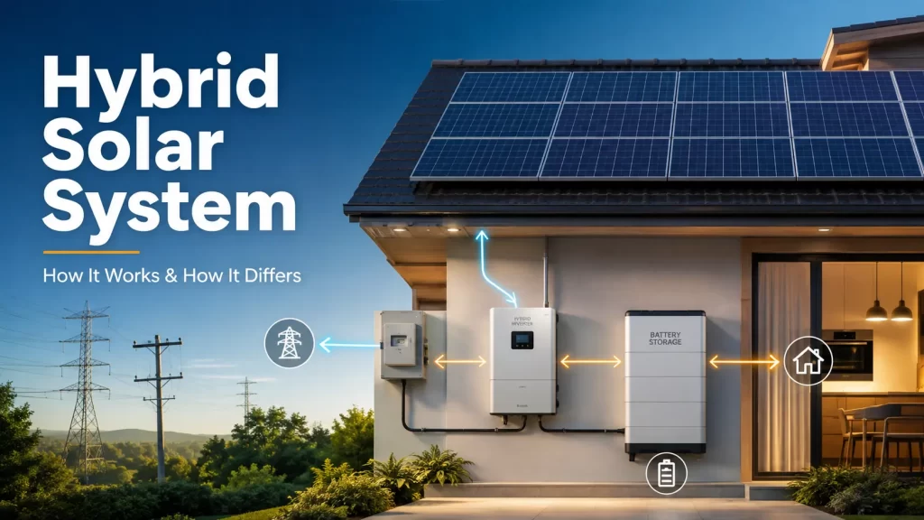Hybrid solar system with solar panels, battery storage, inverter and grid connection