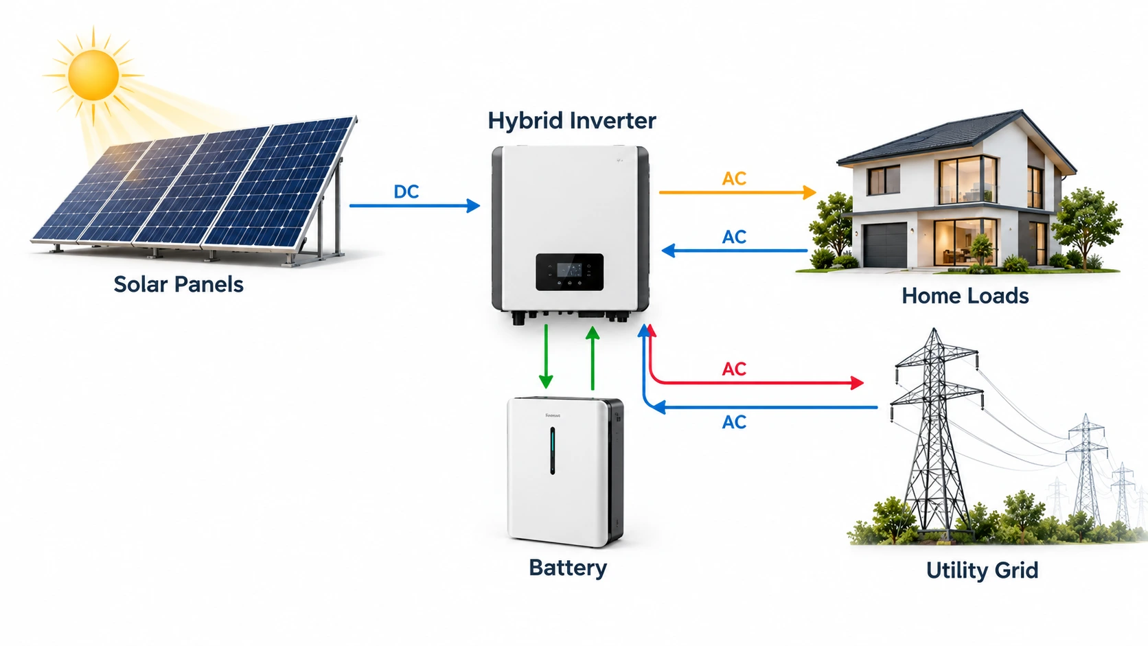 Hybrid solar system working diagram showing solar panels inverter battery home and grid