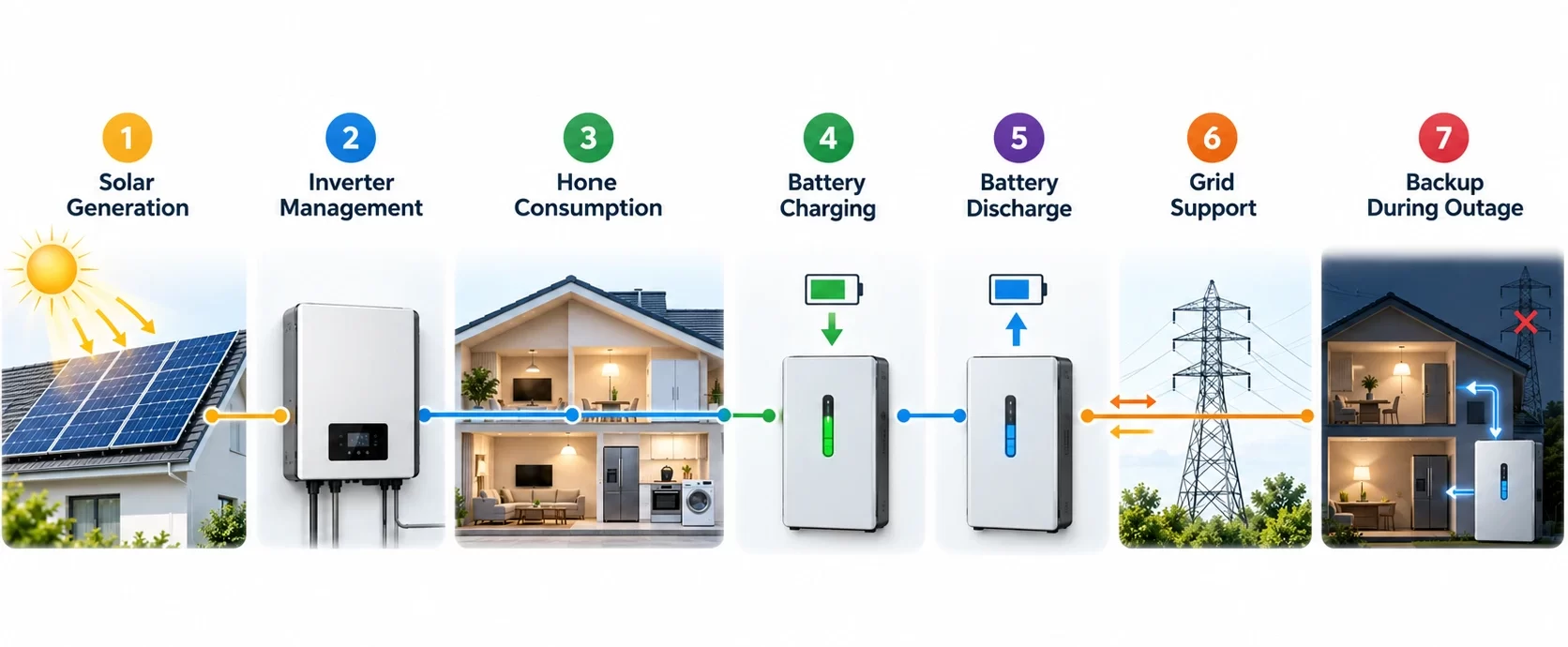 Hybrid solar system working steps from solar generation to battery and grid