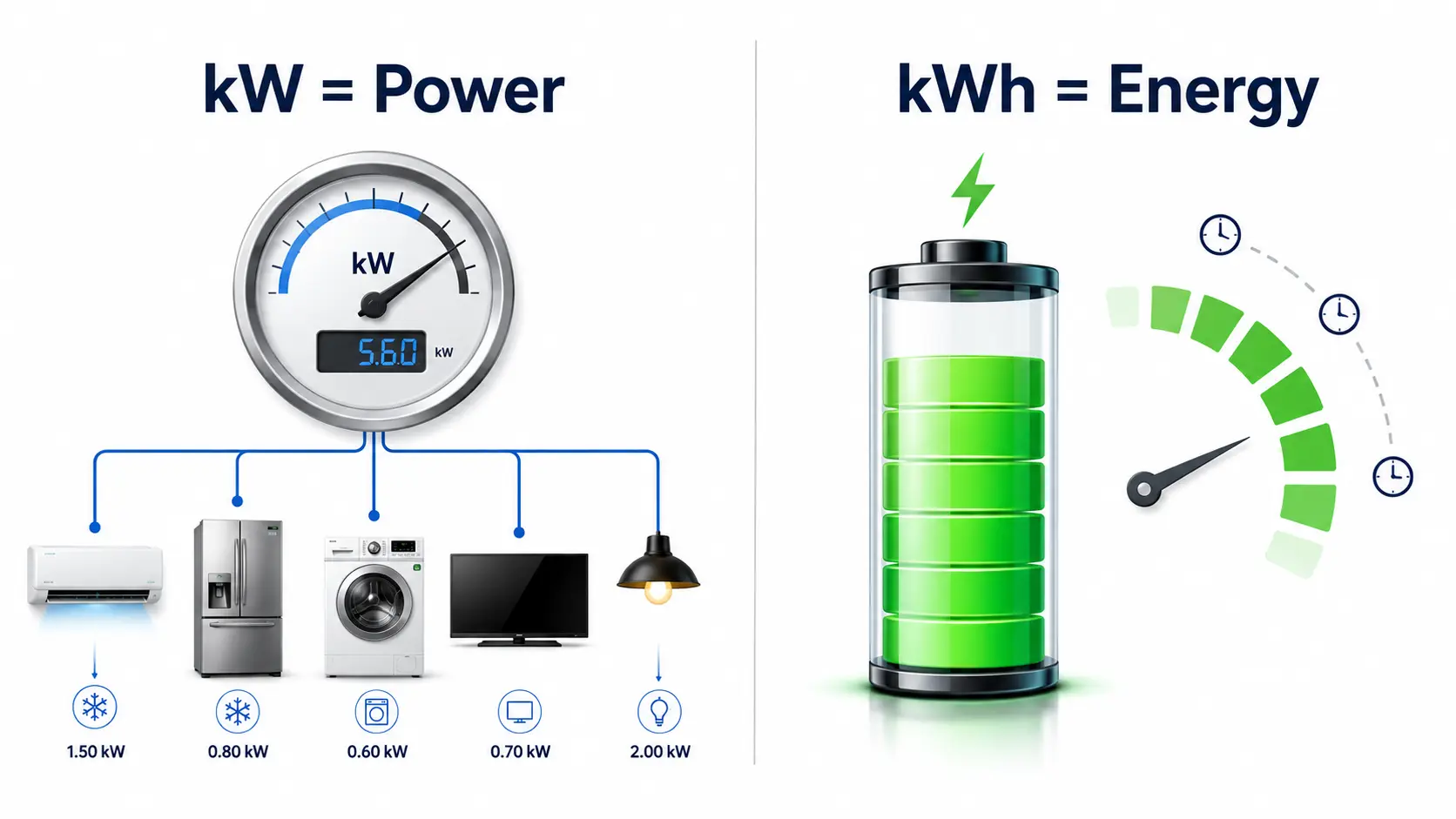 Difference between kW power and kWh energy in a hybrid solar system