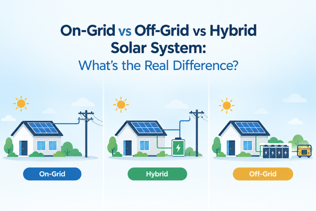 Comparison of on-grid, off-grid and hybrid solar system setups showing house, panels, battery and grid connection